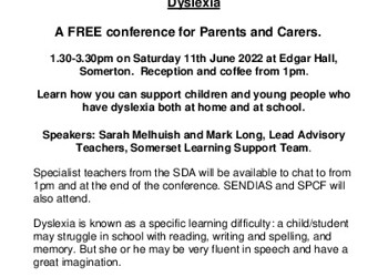 FREE conference - supporting children & young peole with Dyslexia (11th June, Somerton)